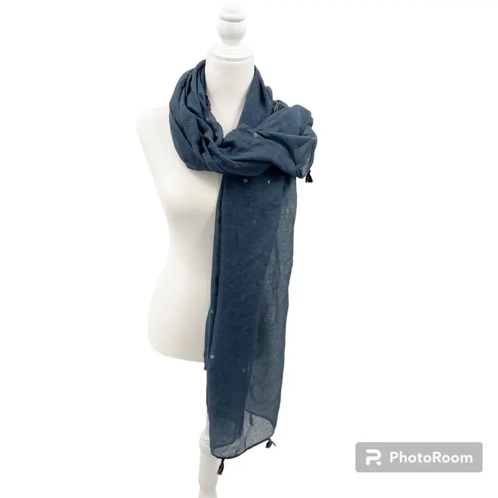 NEW Maurices Blue Tassel Sheer Scarf Diamond Print Boho Festival Hippie Casual